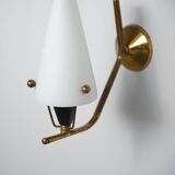 Pair of 1950s Italian Brass Sconces with Conical Opaline Glass Shades