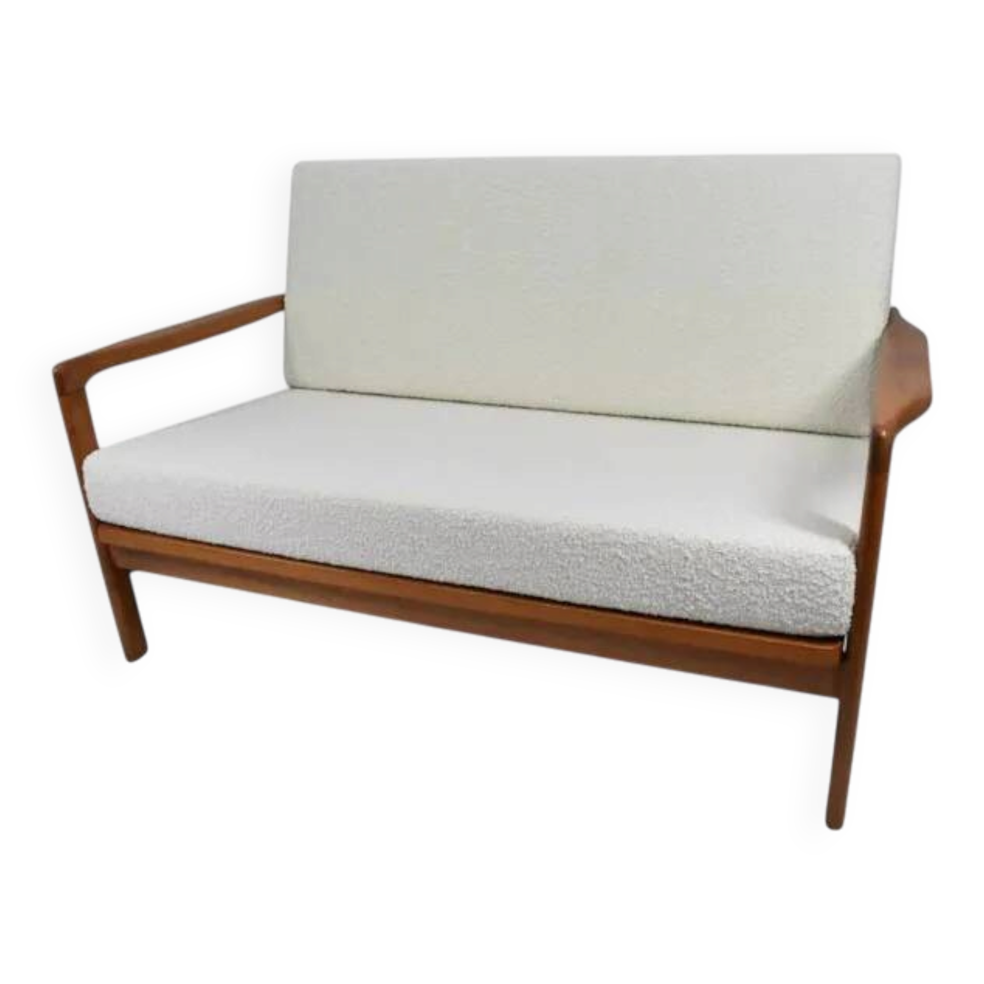 1960s canapé, in teak and white boucle.