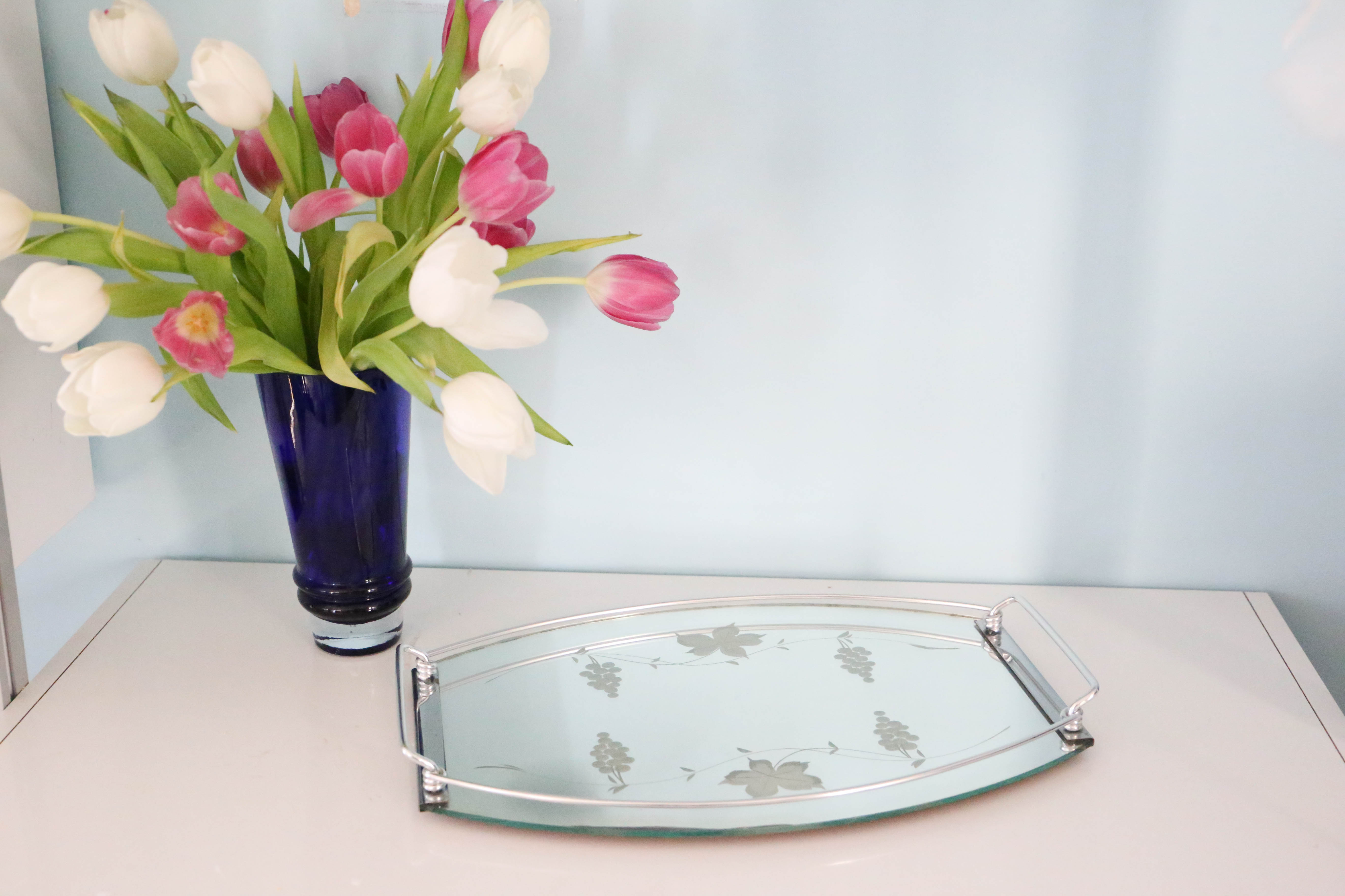 Plateau ovale miroir, années 50, vintage