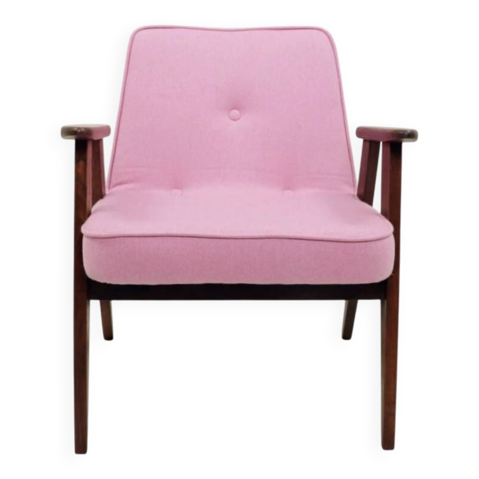 Pink Armchair Vintage Pastel wool fabric, Oak wood