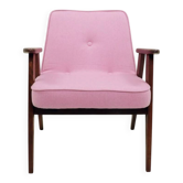 Vintage pink armchair in pastel wool fabric, oak wood.
