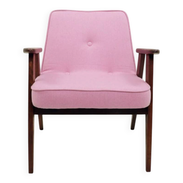 Fauteuil rose vintage en tissu en laine pastel, bois de chêne.