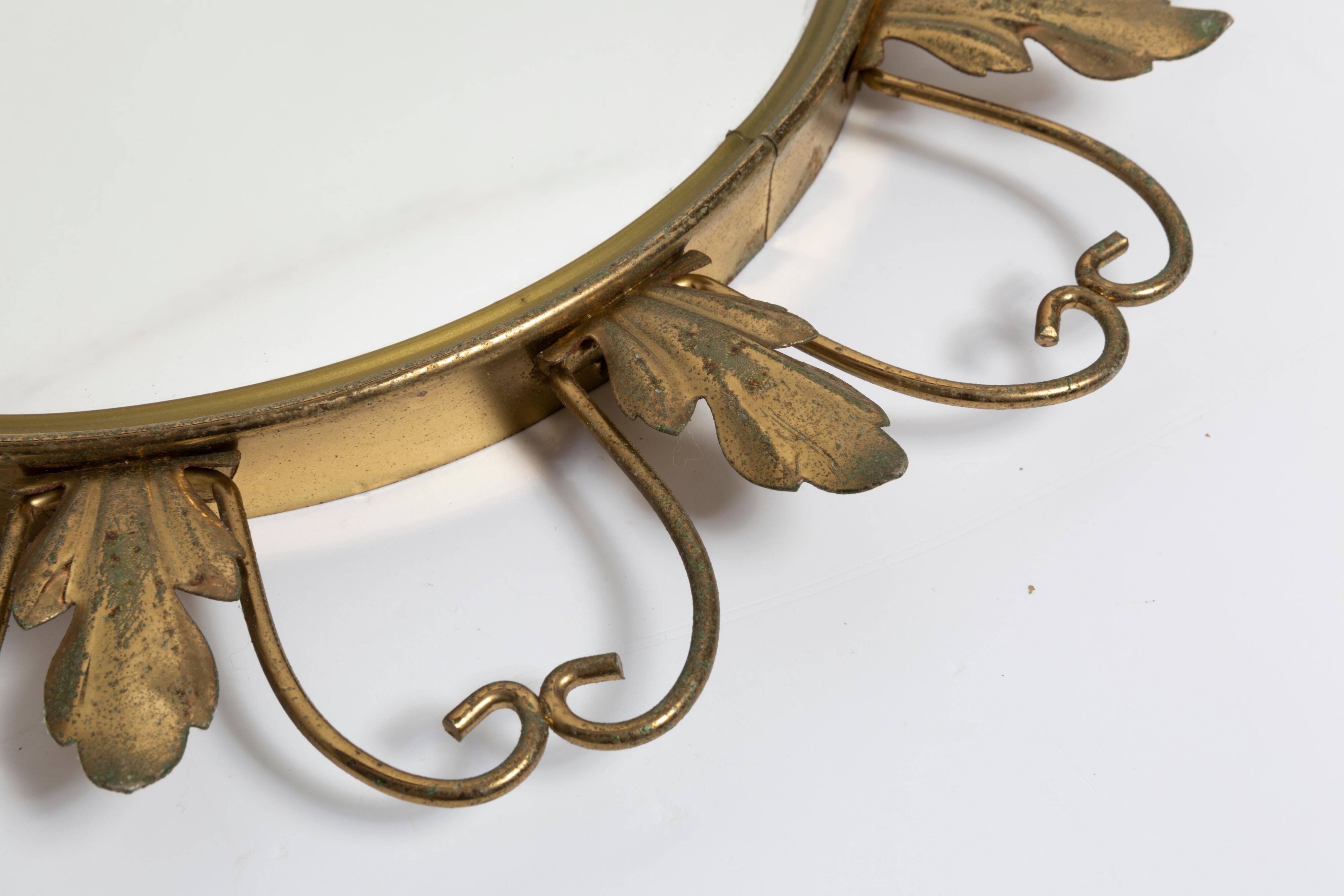 Miroir soleil doré milieu de siècle, métal et bois, Belgique, 1960