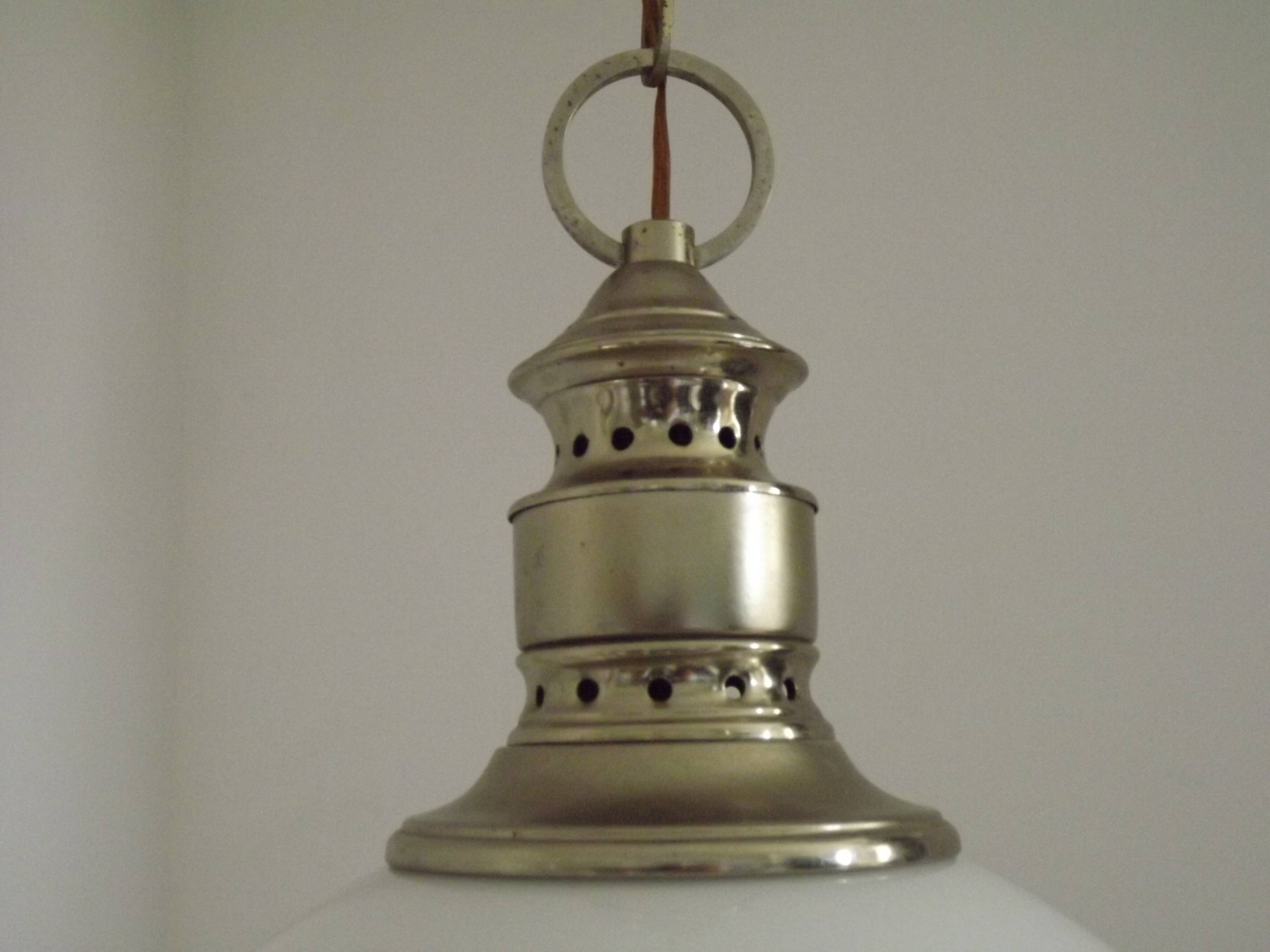 French Mid-Century Globe Pendant, Blue Pattern Shade, Vintage Hanging Light