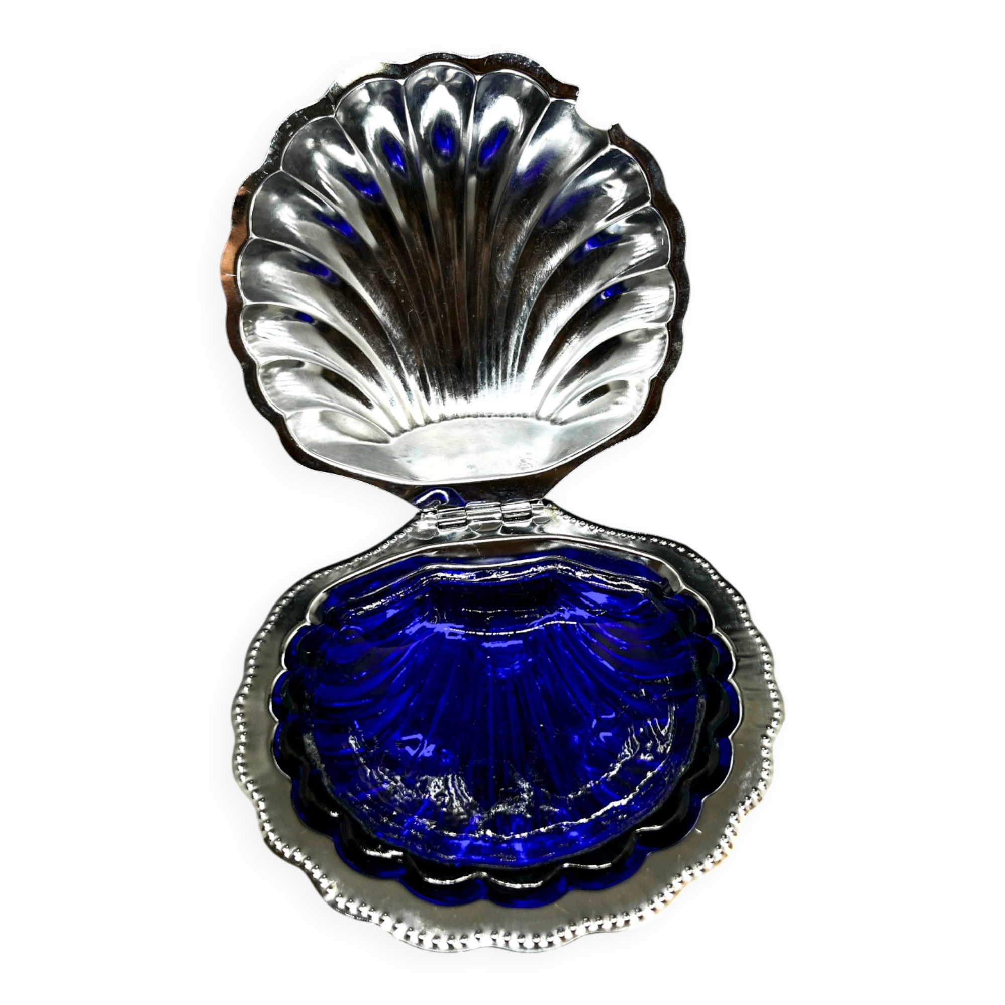 Vintage butter dish / caviar dish in cobalt blue glass & metal