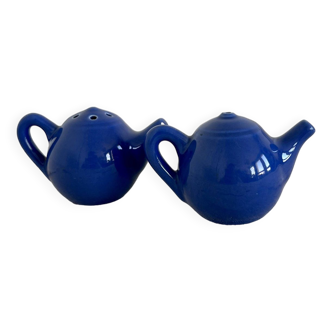 Vintage blue salt and pepper shaker ceramic teapot shape