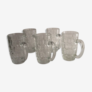 Glass beer mugs vintage thick set of five