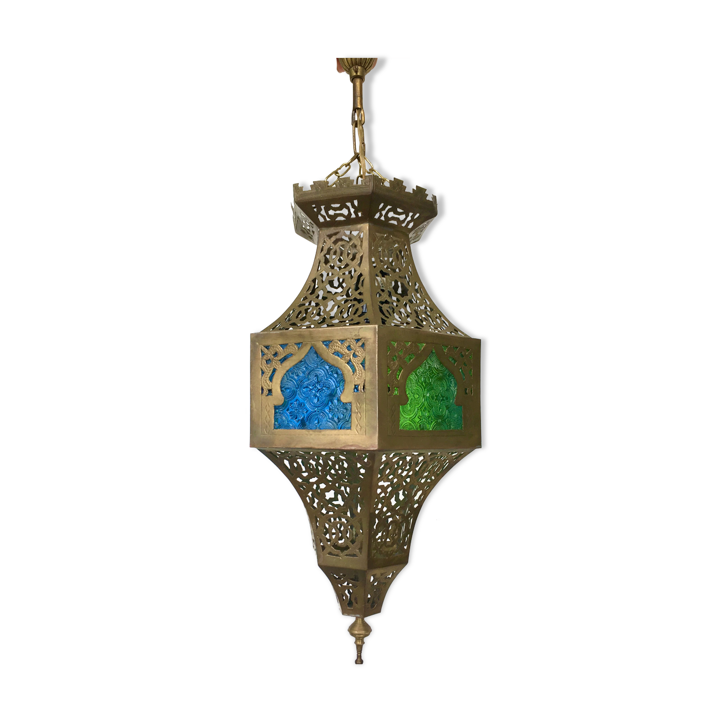 Moroccan brass suspension and coloured glass
