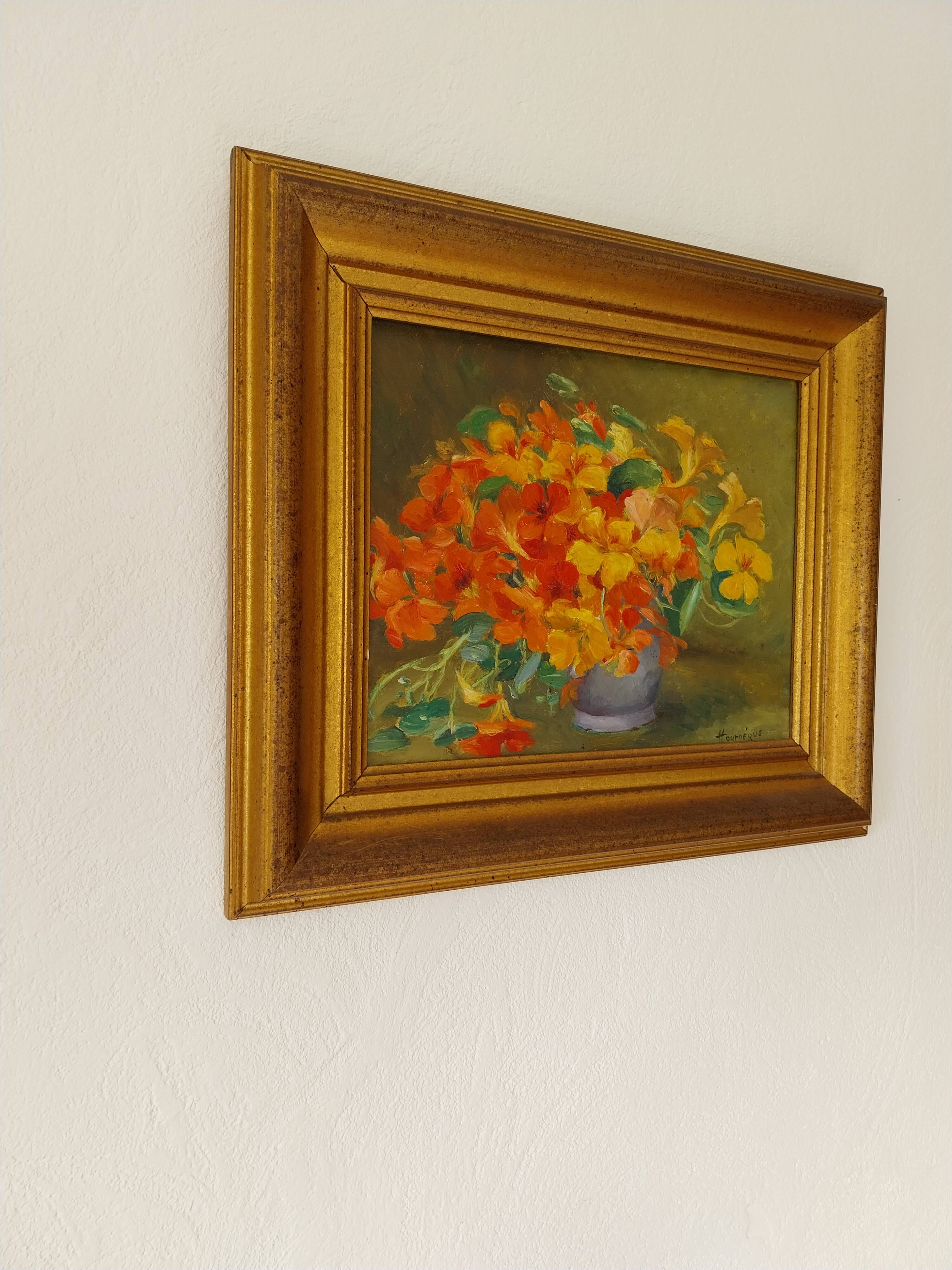 Huile sur panneau vintage signée Hourregue - bouquet de fleurs