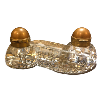 Double-encrier époque victorienne 1890’s en cristal et laiton