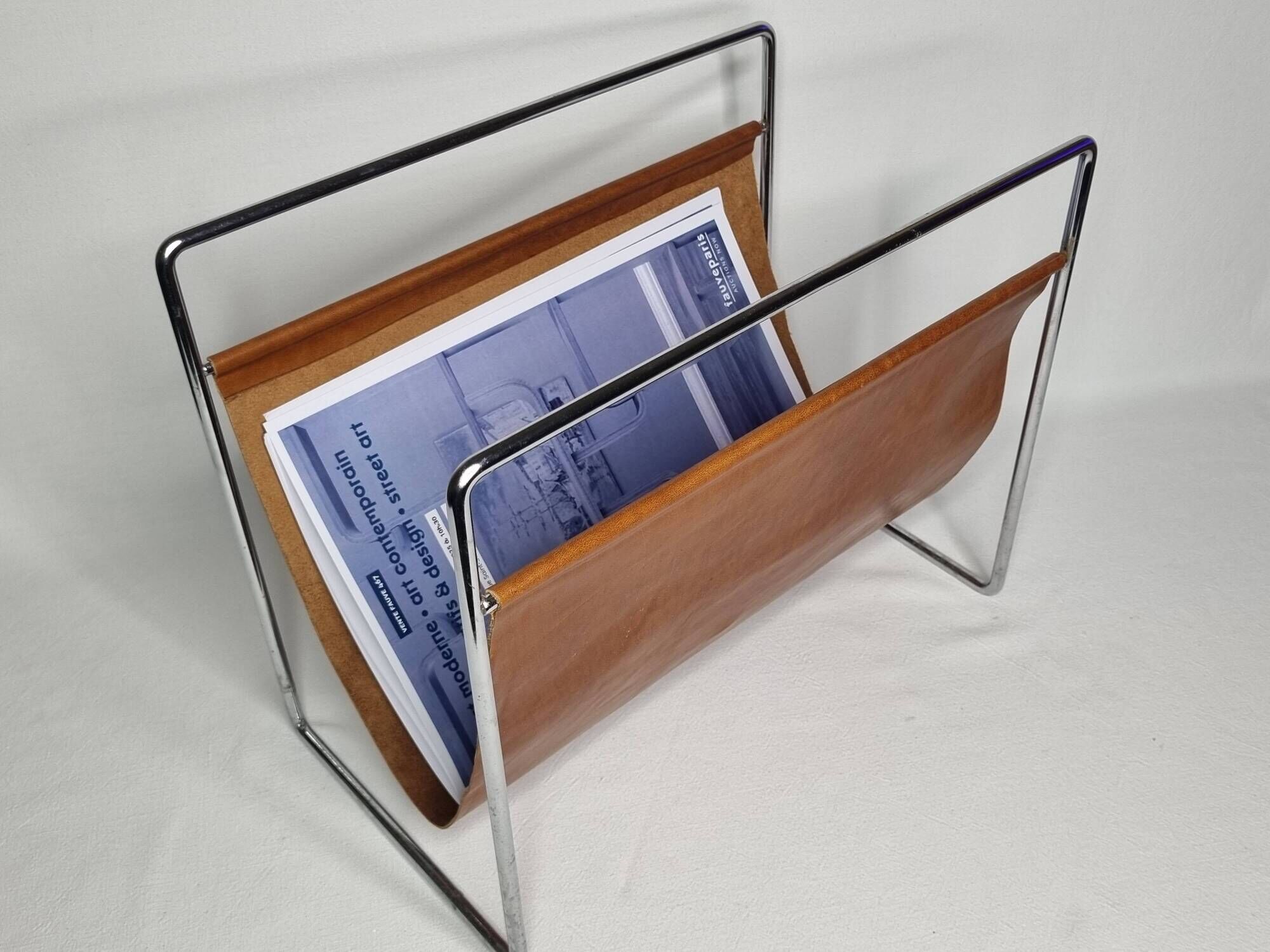 Vintage leather and chrome metal magazine rack, modernist design, 70s