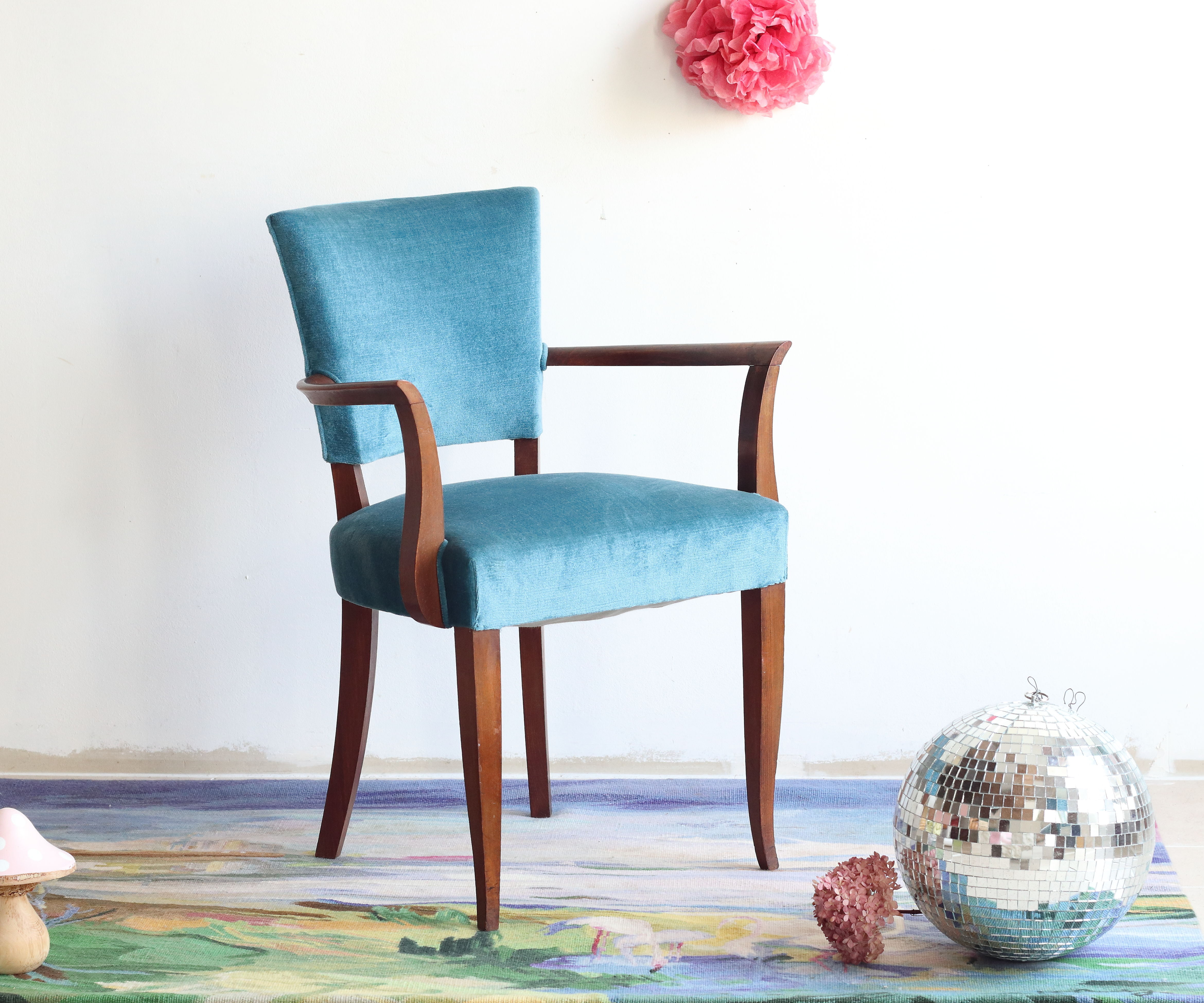 Pair of bridge art deco chairs in blue velvet
