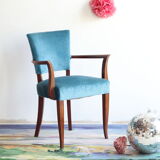 Pair of bridge art deco chairs in blue velvet