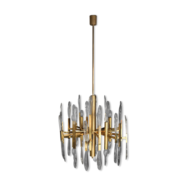 Lustre en laiton italien avec pampilles en verre de chez Sciolari, années 1970