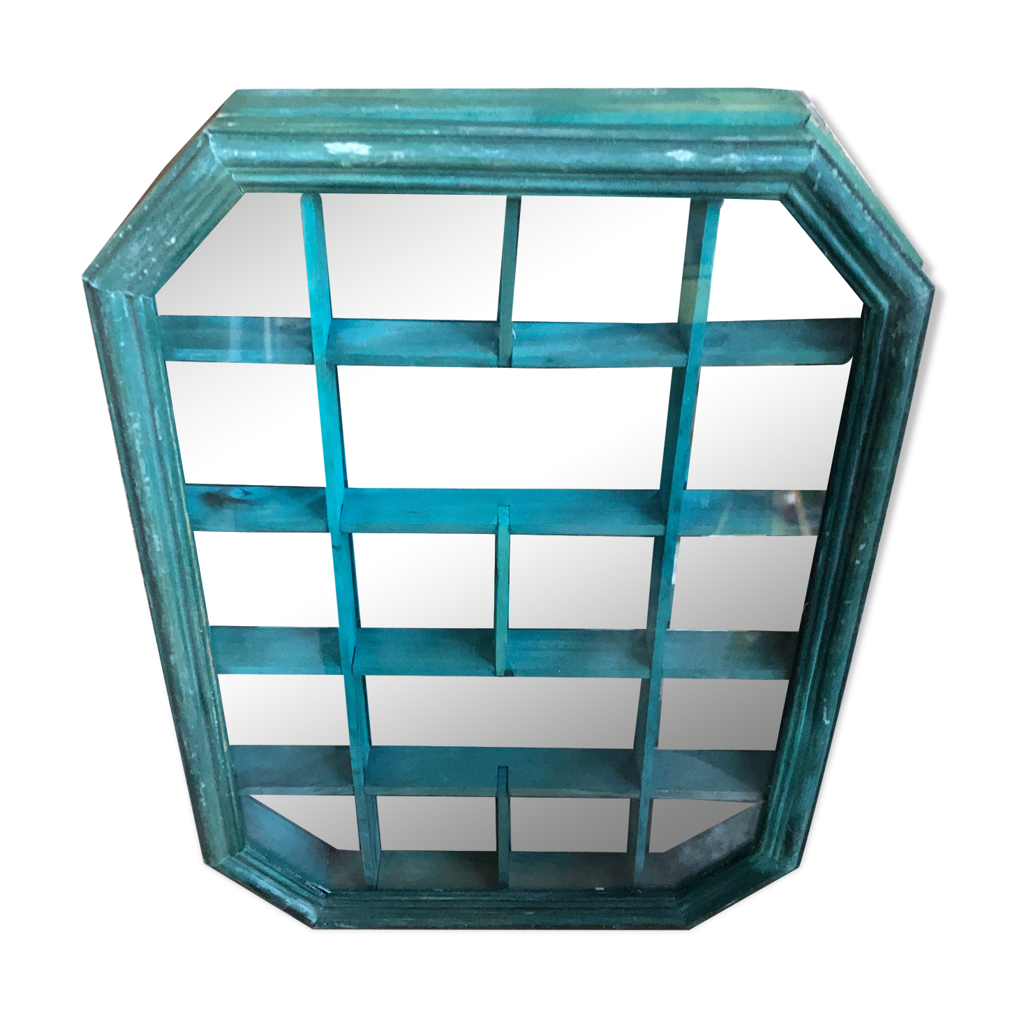 Old hanging showcase 18 green wood boxes + mirror + vintage glass door