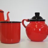 Set pichet & théière en métal émaillé orange et noir 1950s, set de 4