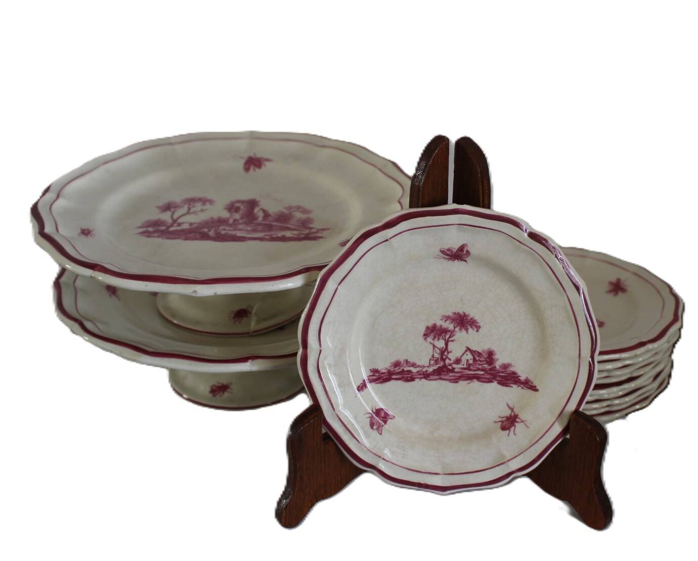 Service Gien "Paysage rose" original 2 plat à gateau + 8 assiette à dessert