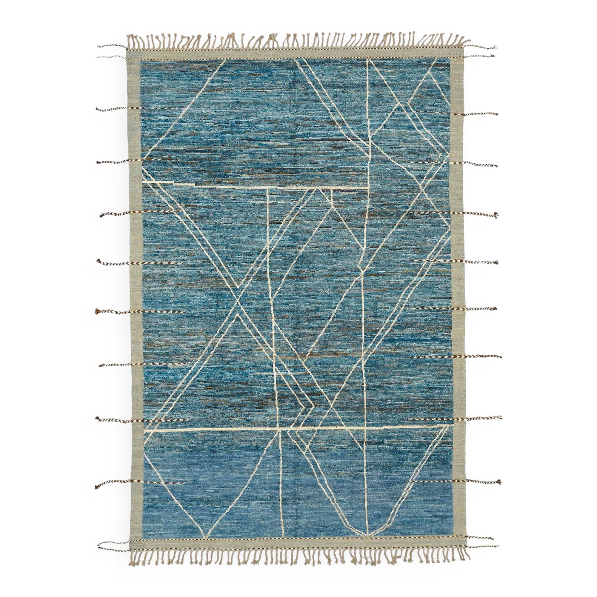 Tapis tribal tissé à la main en laine bleue unique en son genre, 201 cm x 304 cm