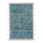 Tapis tribal tissé à la main en laine bleue unique en son genre, 201 cm x 304 cm