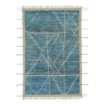 Tapis tribal tissé à la main en laine bleue unique en son genre, 201 cm x 304 cm