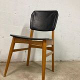 Chaise vintage : bois et cuir skai noir