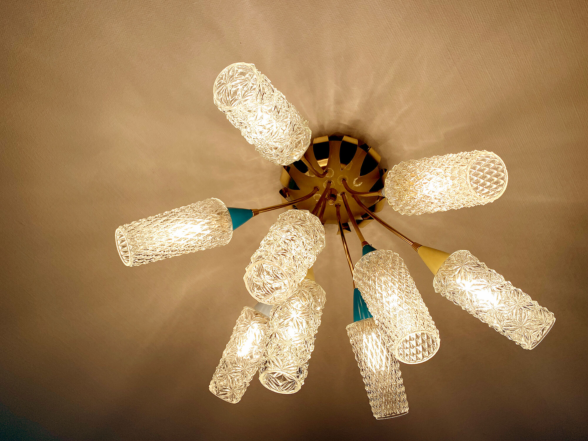 plafonnier lampe vintage, annees 50, verre laiton, bleu beige or