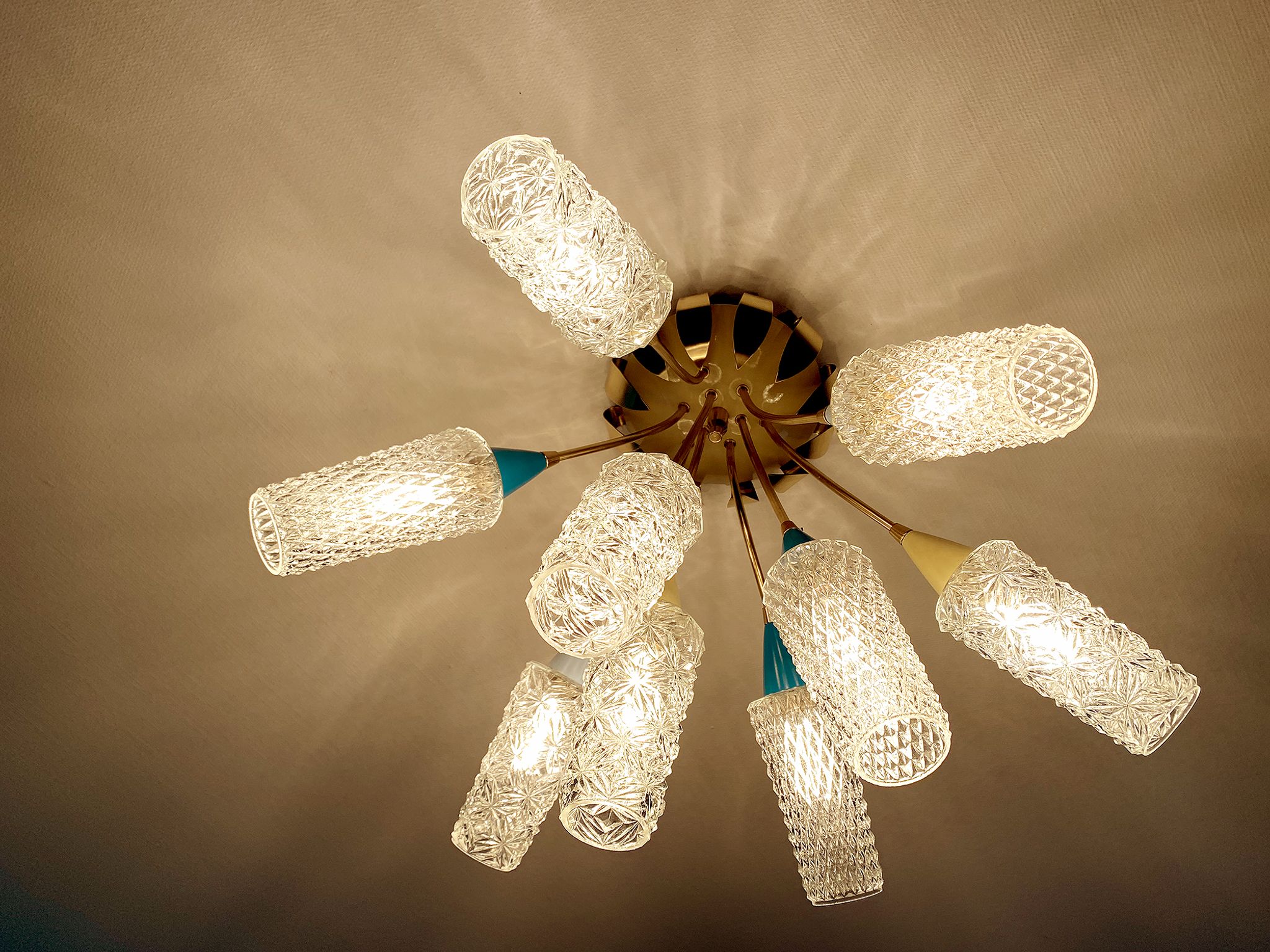 plafonnier lampe vintage, annees 50, verre laiton, bleu beige or