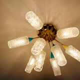 plafonnier lampe vintage, annees 50, verre laiton, bleu beige or