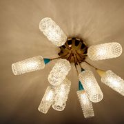plafonnier lampe vintage, annees 50, verre laiton, bleu beige or