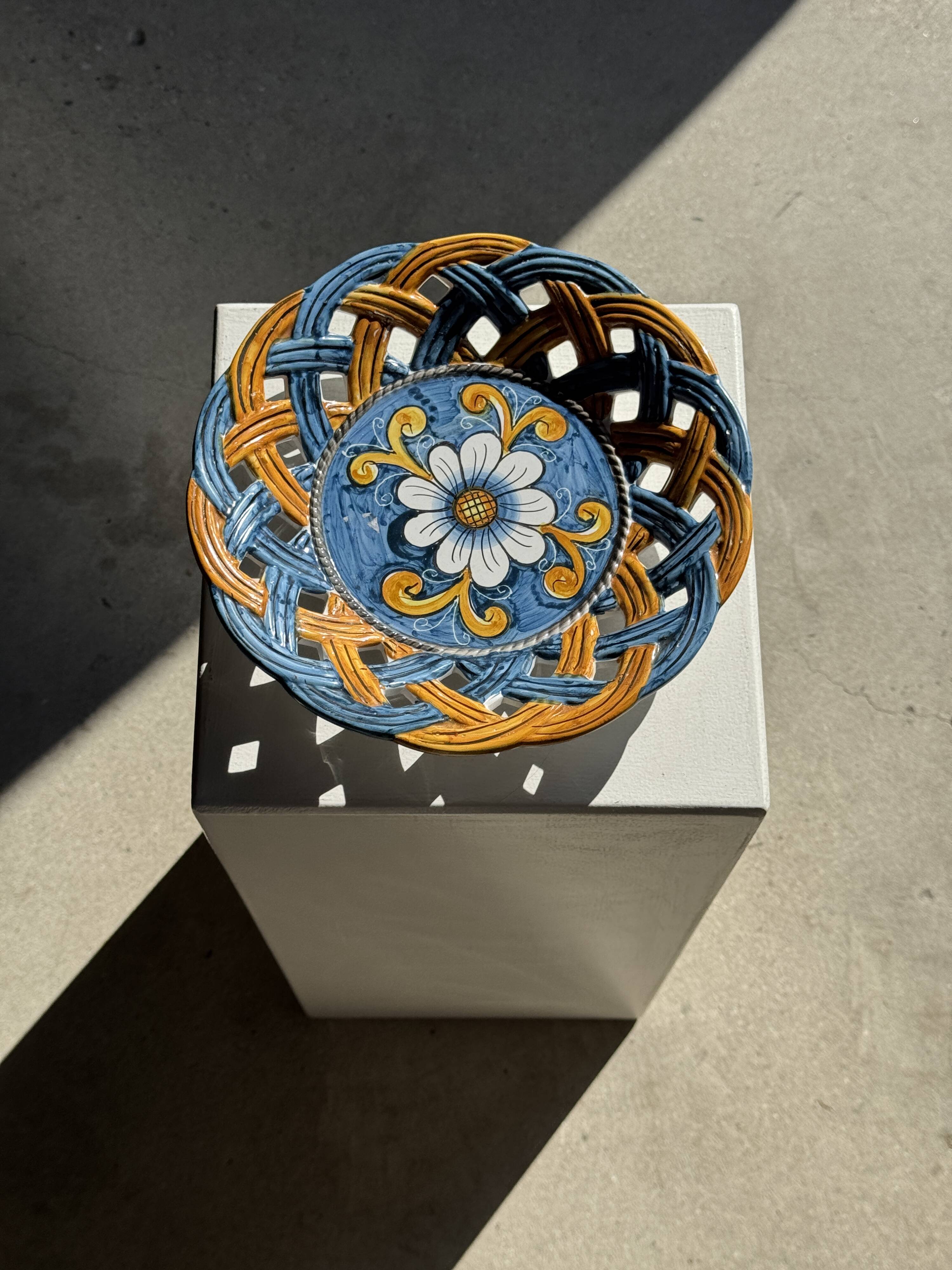 Glazed ceramic fruit bowl by Brancaleone, Italy, with floral decoration.