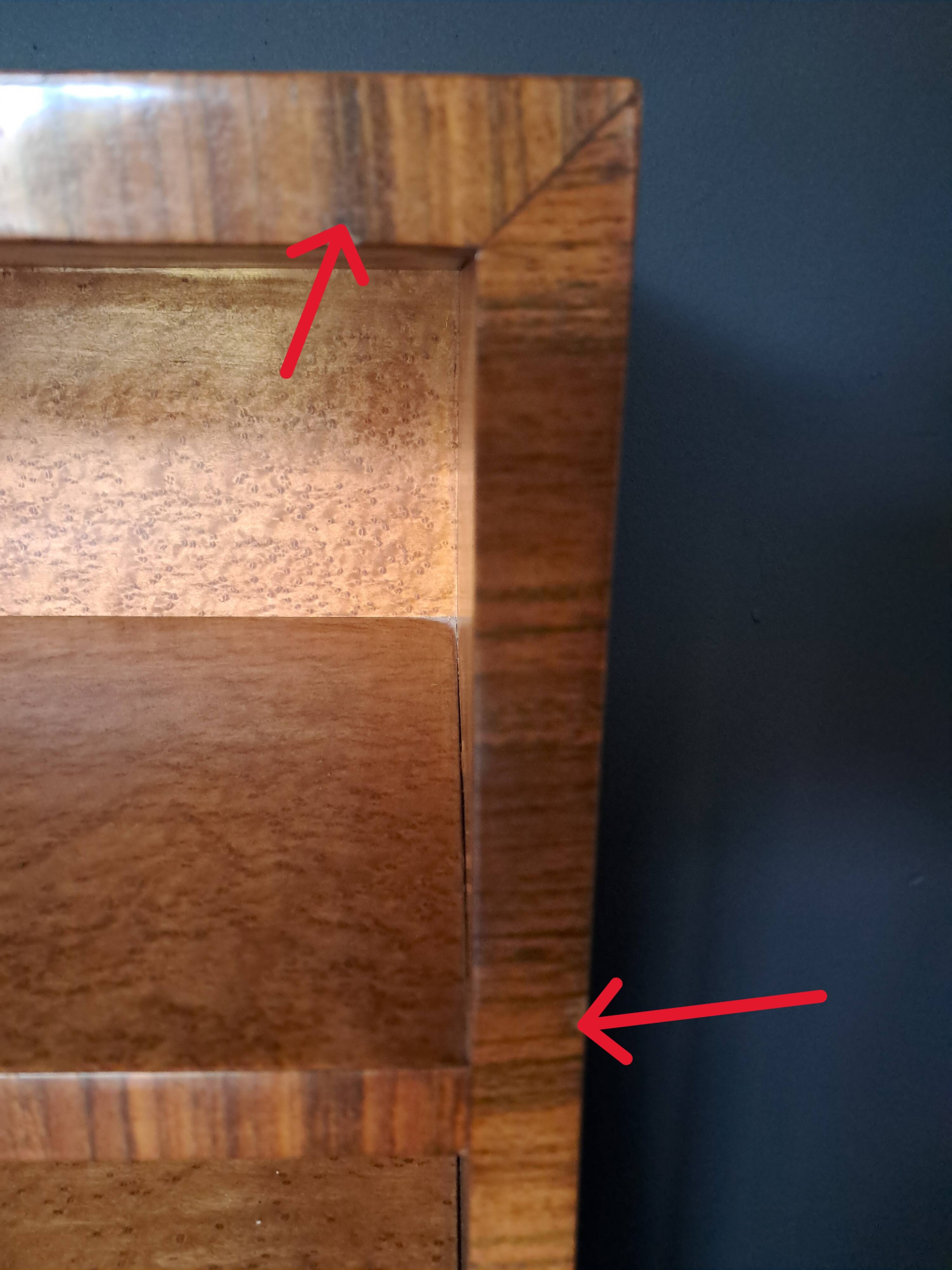 Art Deco cabinet in speckled maple veneer with asymmetrical shelves