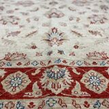 Cream Red Bordered Ziegler Rug, Hand-Knotted Wool Floral Oriental Carpet