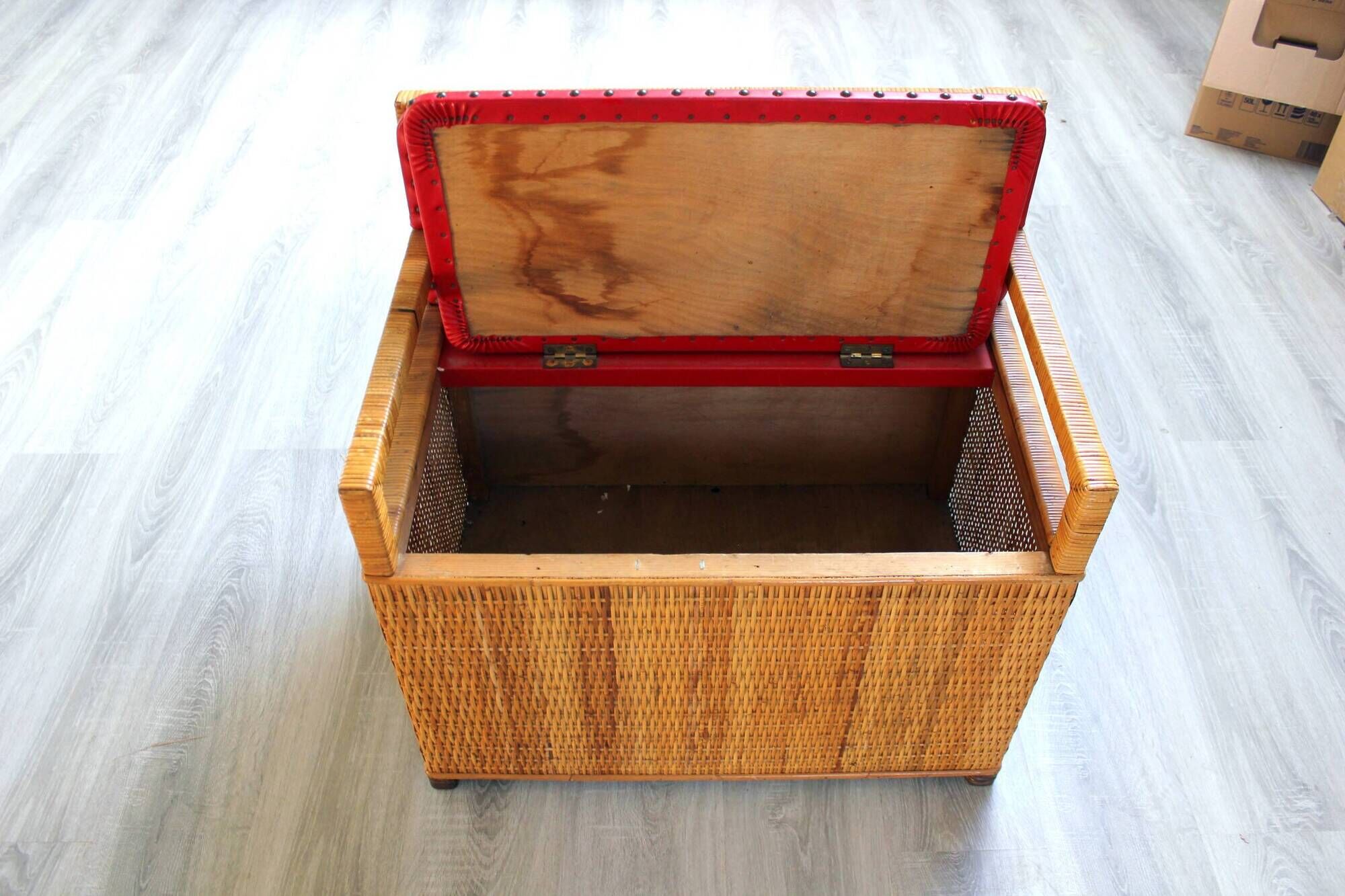 Vintage 1970s wicker cane storage bench chair
