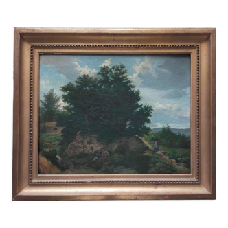 Tableau huile sur toile XIXème, paysage de campagne daté et signé