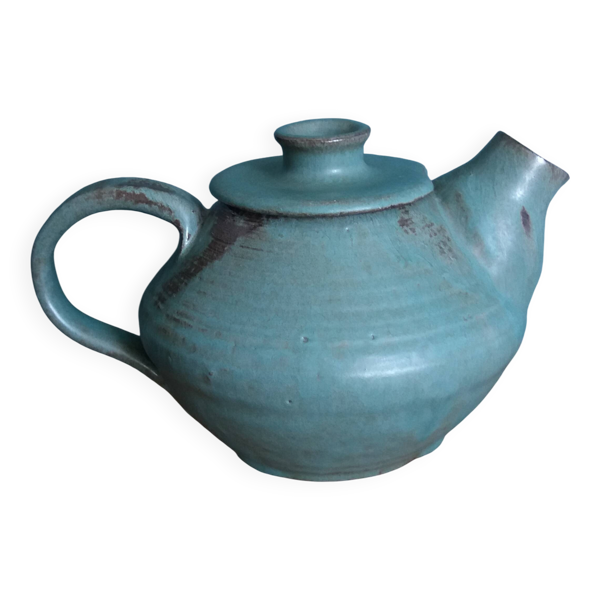 Théière artisanale en grès chamotté émaillé vert de gris signée
