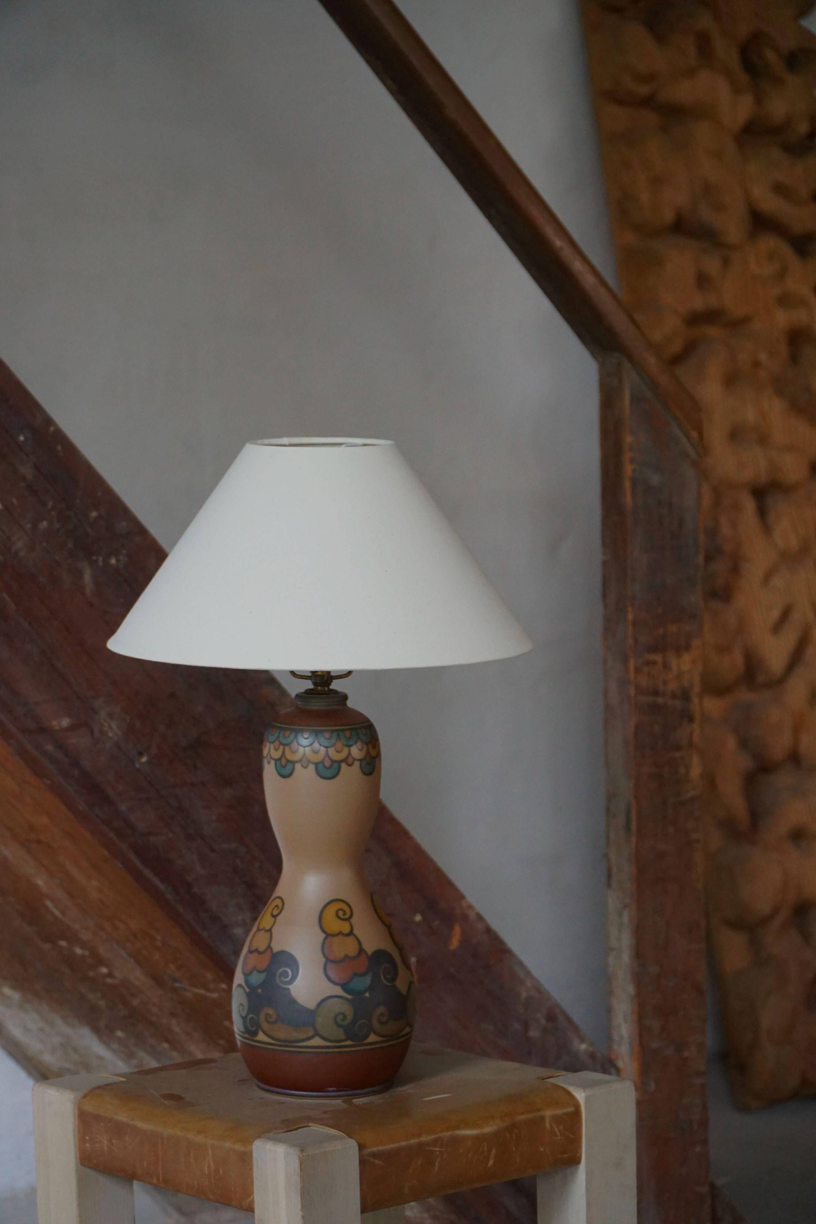 Terracotta table lamp, Art Nouveau, L. Hjorth, Bornholm, Denmark, 1930s