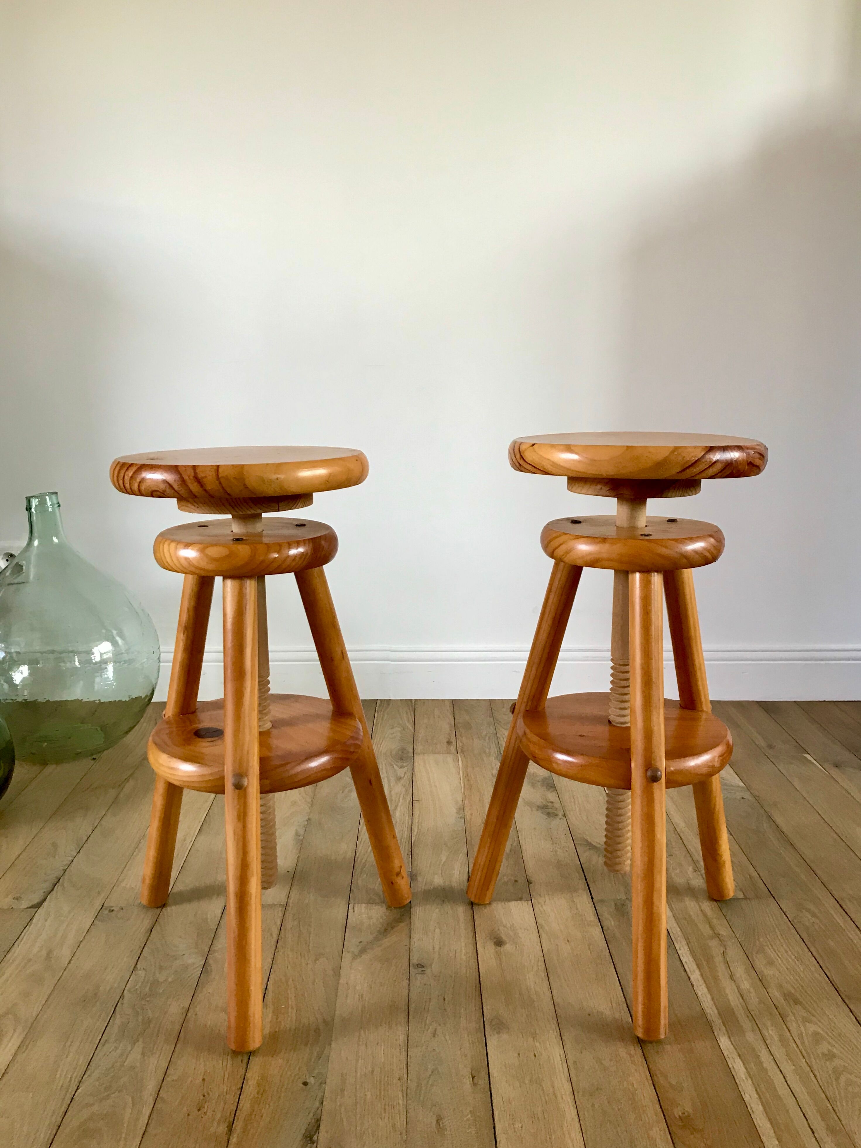 pair of adjustable architect stools pine style 60s