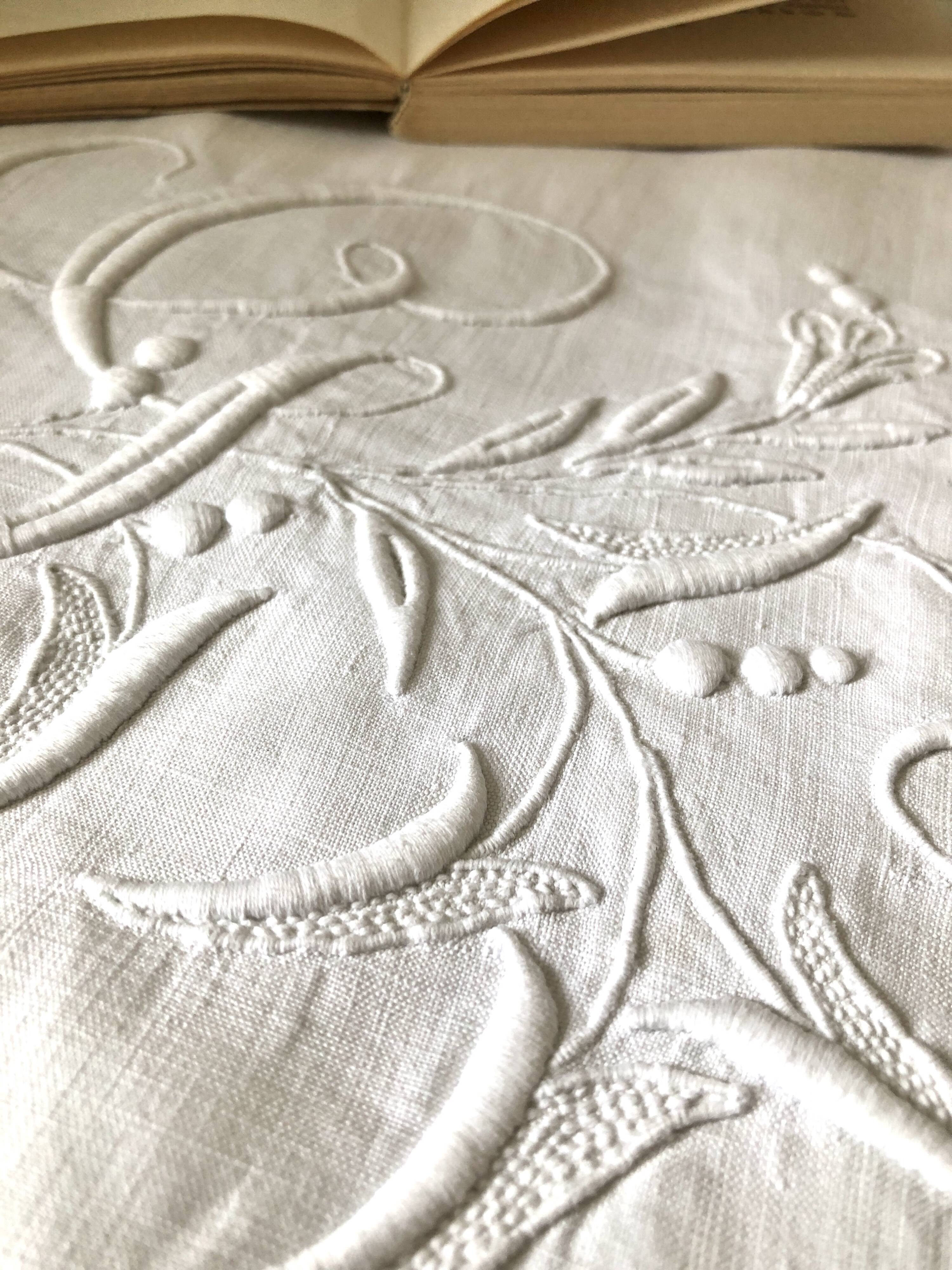 Old pure linen sheet embroidered and monograms
