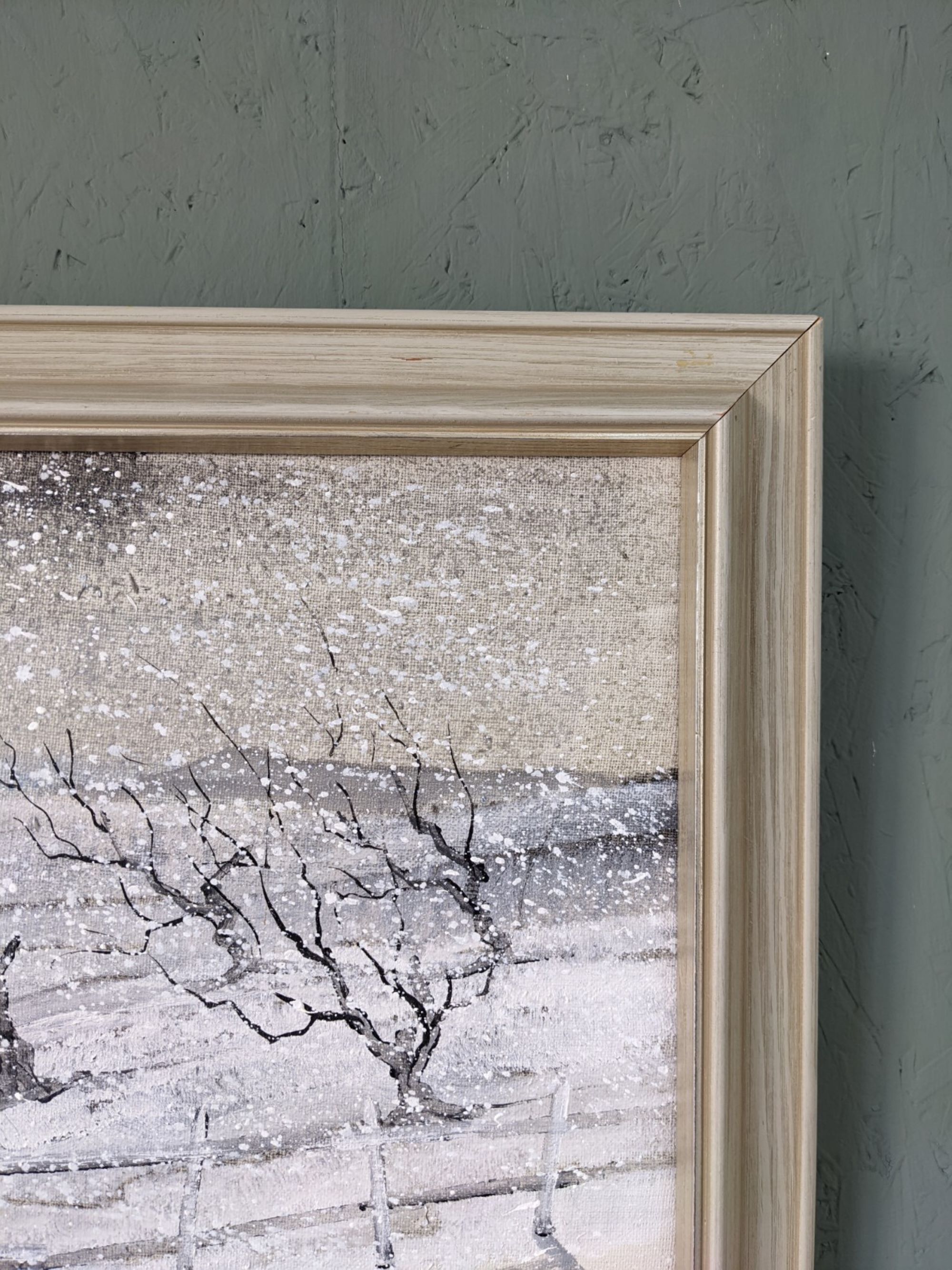 Mid-Century Modern Swedish "Snowfall" Vintage Winter Landscape Oil Painting, Framed
