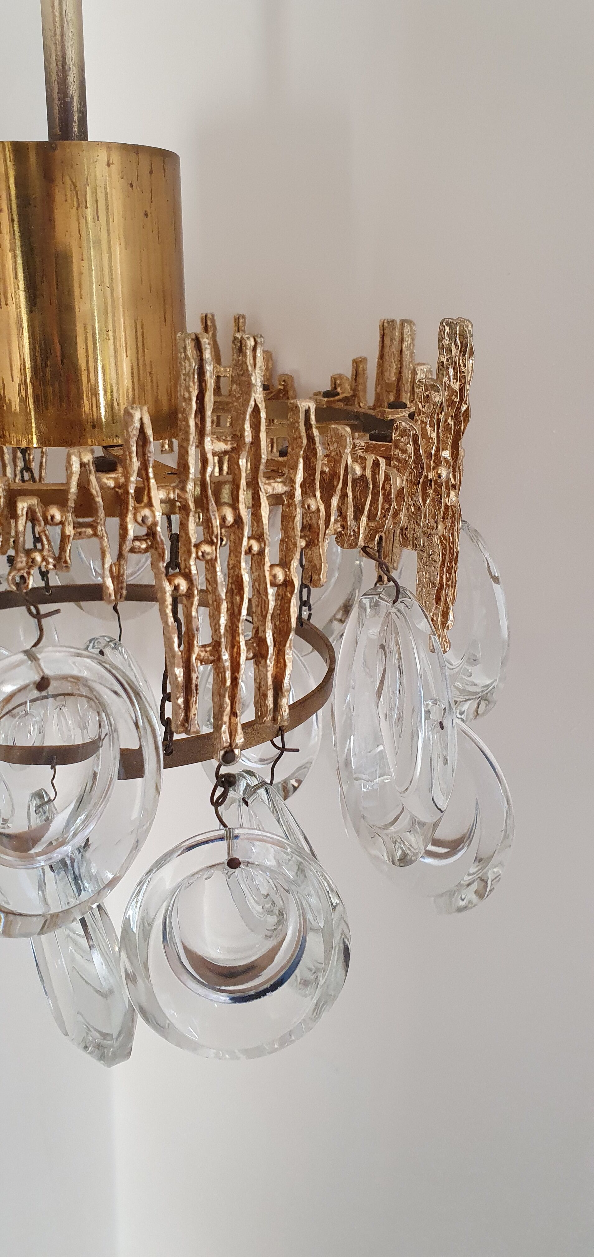 Small brass brutalist chandelier with crystal stamps