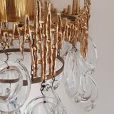 Lustre brutaliste en laiton avec pampilles en cristal