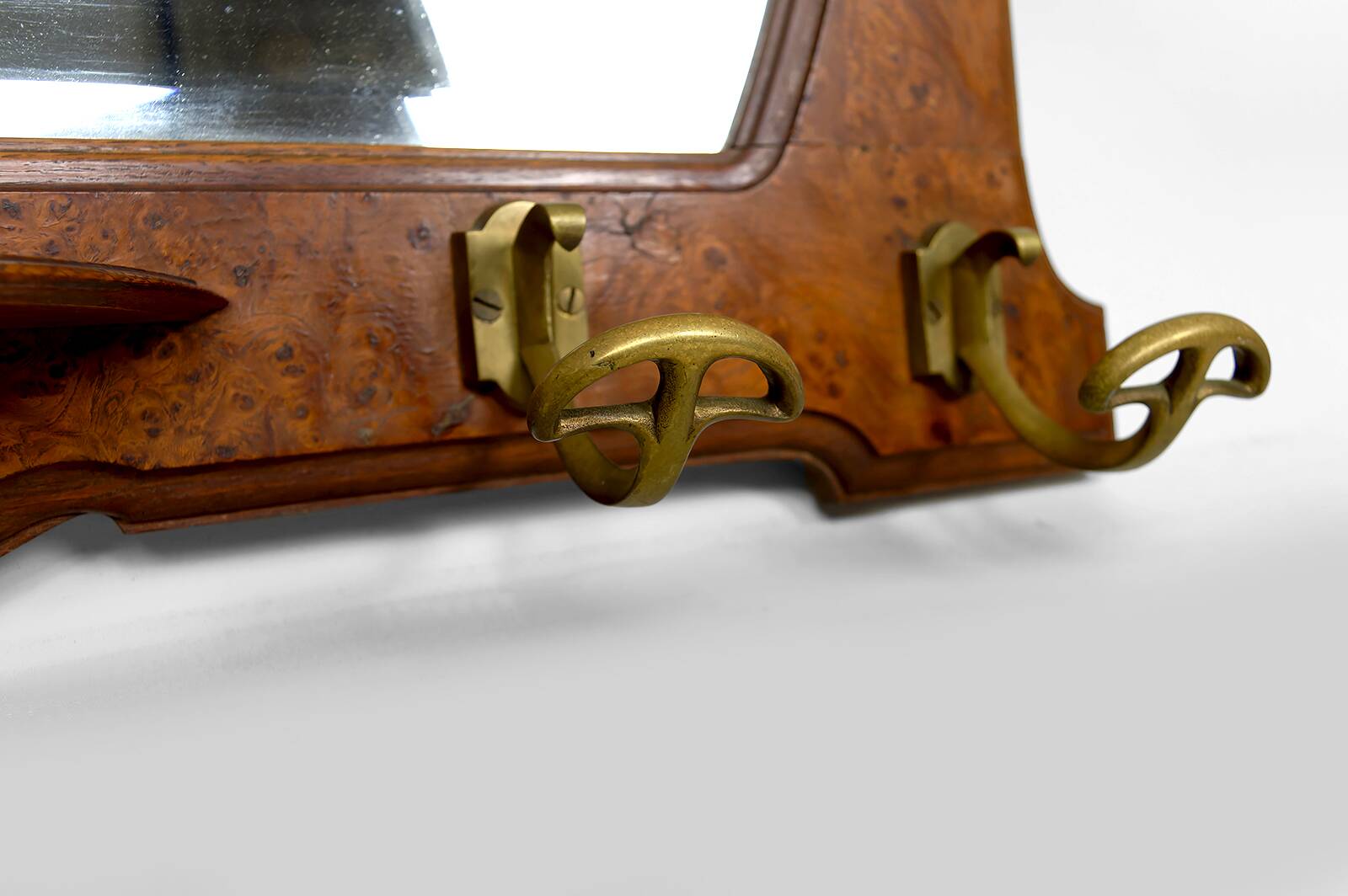 Wall-mounted coat rack, oak, elm burl, bronze hooks, c. 1900