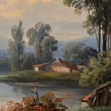 Oil on canvas landscape on the edge of a river late 19th century