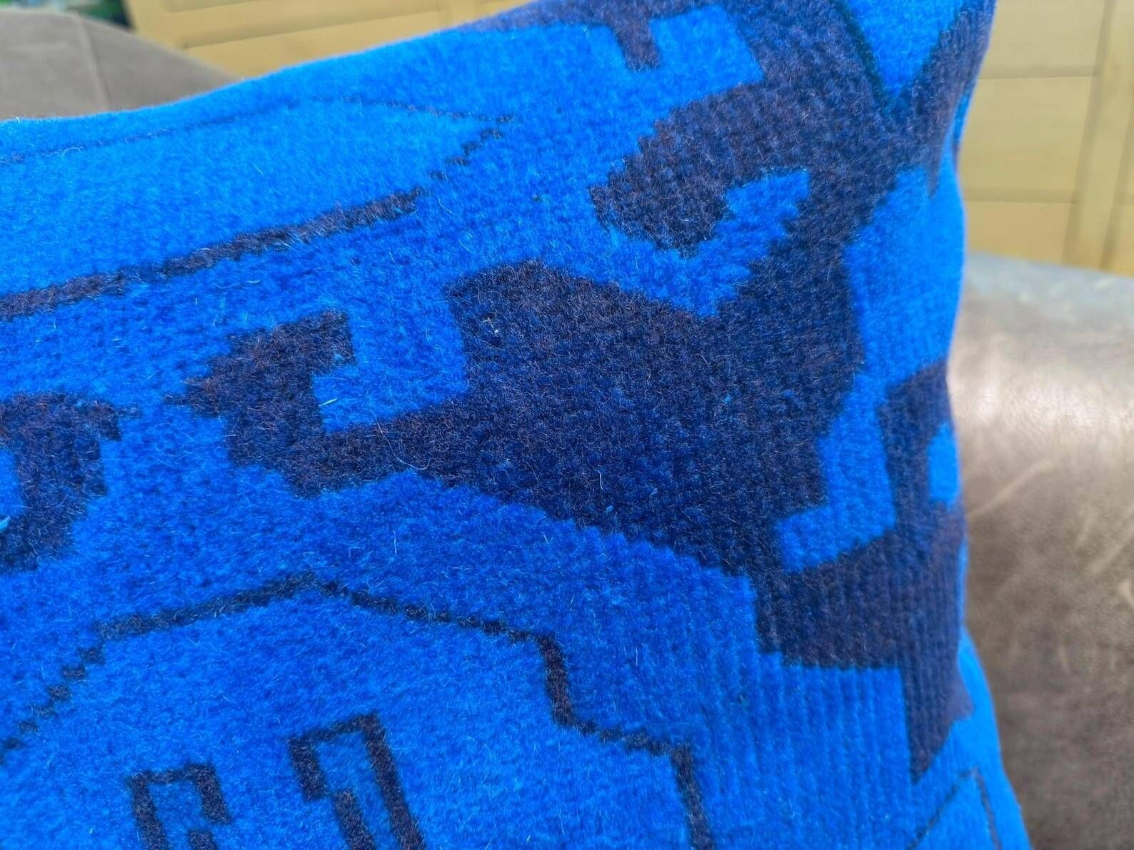 Vintage Turkish Rug Cushion, Handmade Electric Blue Geometric Wool Pillow