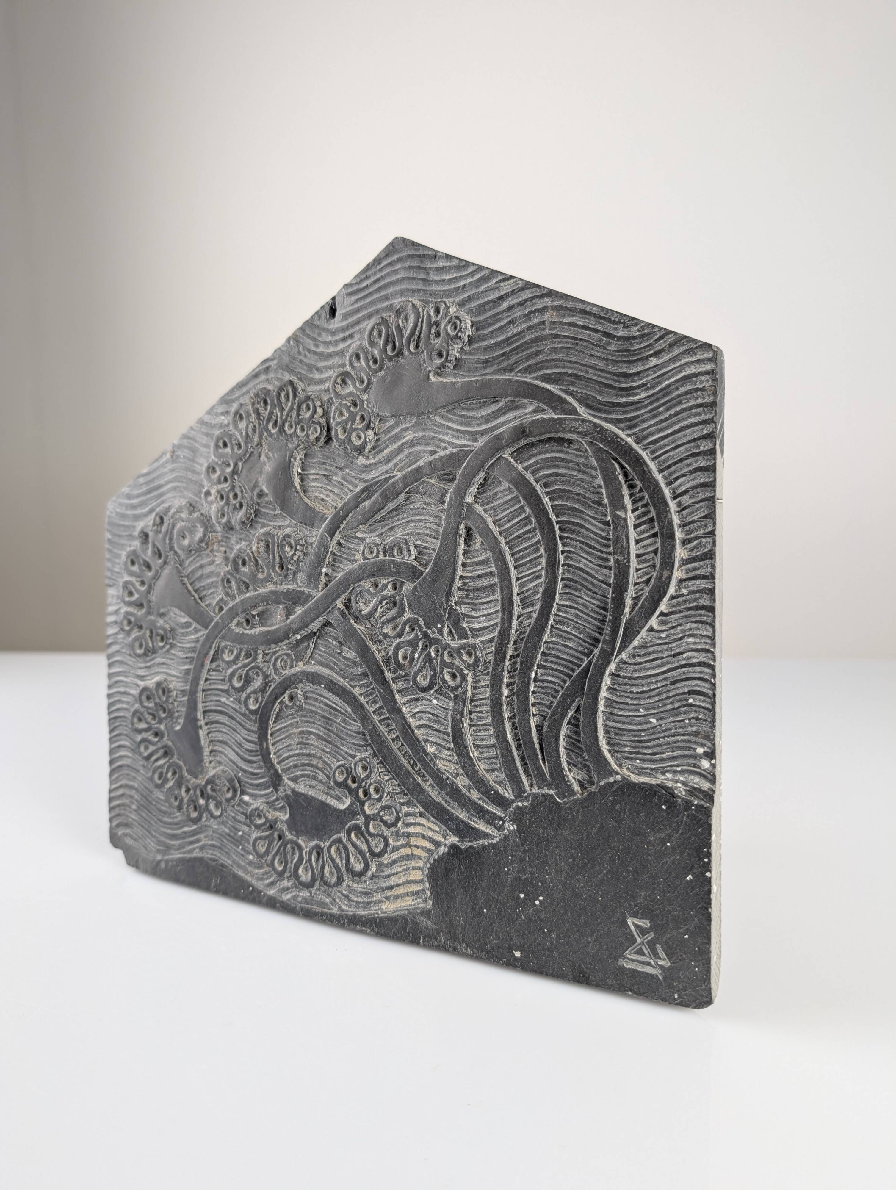 Slate Bas-Relief with Floral Motifs, Signed, 1970s