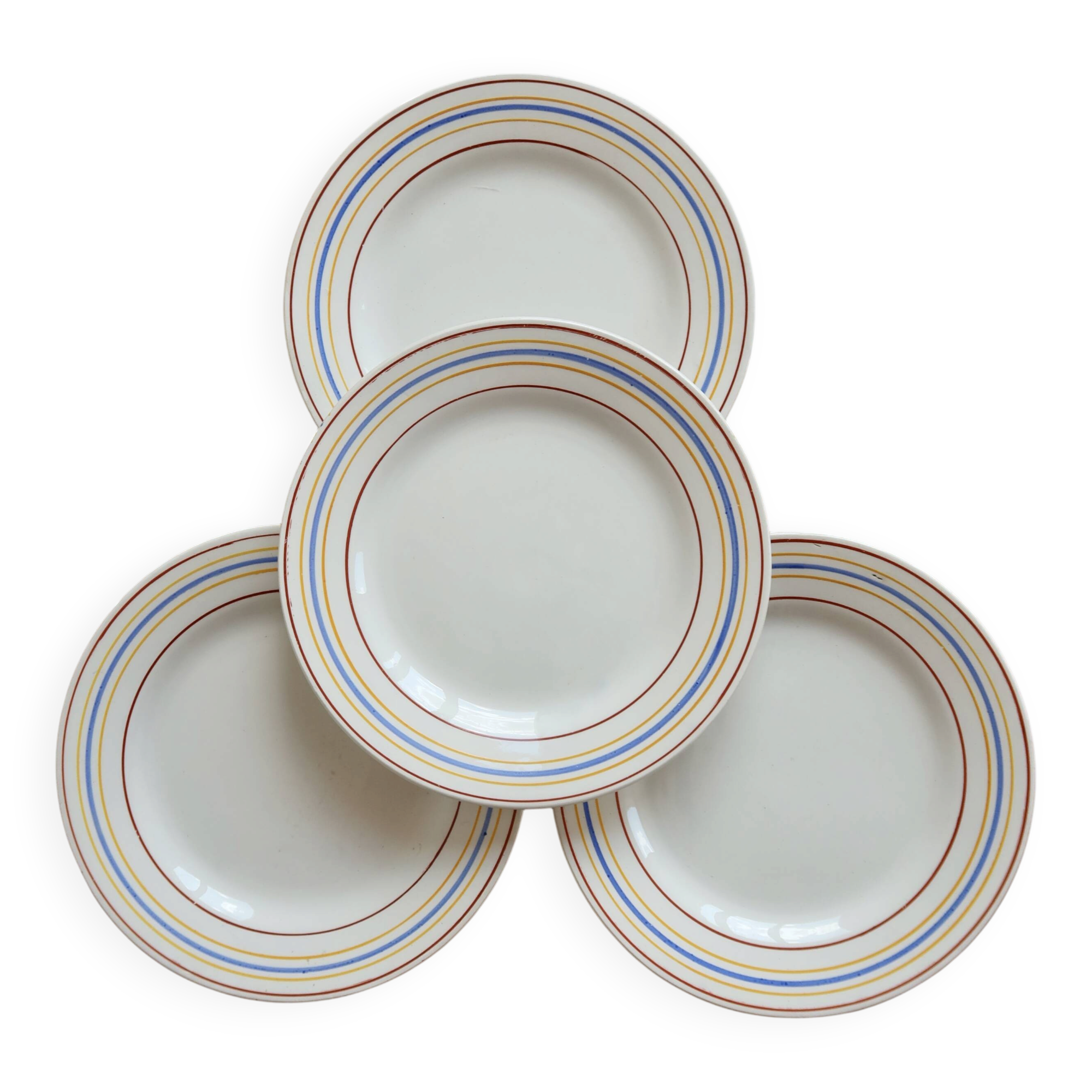 4 assiettes à dessert vintage Céranord Saint-Amand rayures rouge bleu jaune
