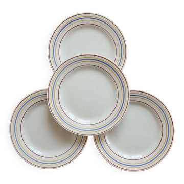 4 vintage dessert plates Céranord Saint-Amand red blue yellow stripes