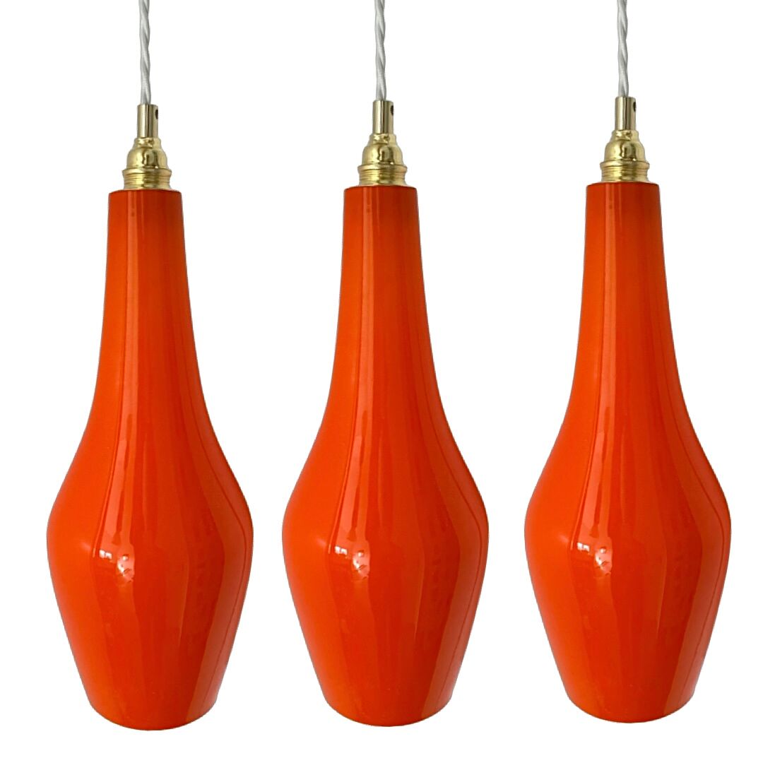 Set of three new electrified orange vintage pendant lamps