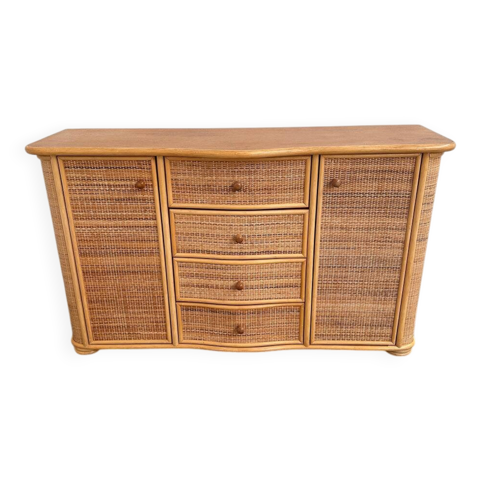 Vintage curved rattan sideboard, coastal credenza, wicker cabinet, boho buffet