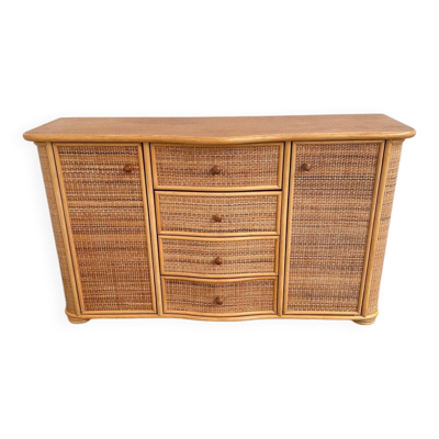Buffet en rotin courbé vintage, crédence côtière, cabinet en osier, buffet boho